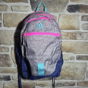 Adidas Backpack Heather Gray Pink Navy Blue School Travel Bag Multi-Pocket